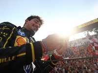 Charles Leclerc of Ferrari celebrates after the Formula 1 Italian Grand Prix at Autodromo Nazionale di Monza in Monza, Italy on September 1,...