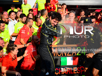 Charles Leclerc of Scuderia Ferrari celebrates his victory during the race of the Italian GP, the 16th round of the Formula 1 World Champion...