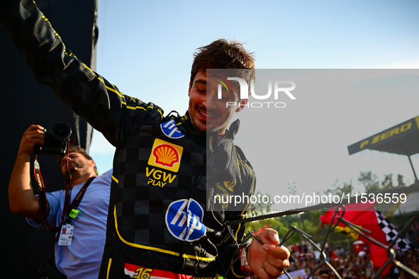 Charles Leclerc of Scuderia Ferrari celebrates his victory during the race of the Italian GP, the 16th round of the Formula 1 World Champion...