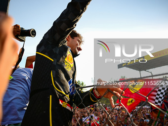 Charles Leclerc of Scuderia Ferrari celebrates his victory during the race of the Italian GP, the 16th round of the Formula 1 World Champion...