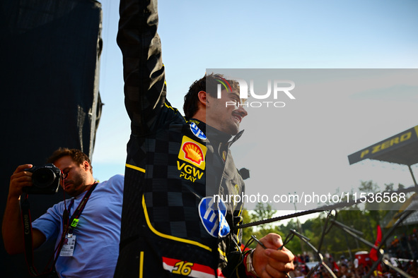 Charles Leclerc of Scuderia Ferrari celebrates his victory during the race of the Italian GP, the 16th round of the Formula 1 World Champion...