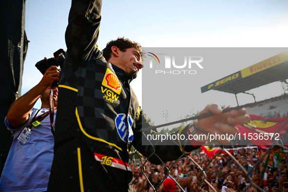 Charles Leclerc of Scuderia Ferrari celebrates his victory during the race of the Italian GP, the 16th round of the Formula 1 World Champion...