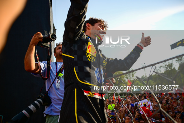 Charles Leclerc of Scuderia Ferrari celebrates his victory during the race of the Italian GP, the 16th round of the Formula 1 World Champion...