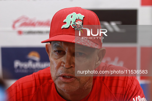 Lorenzo Bundy #30 of Diablos Rojos speaks during a press conference before match 6 of the Mexican Baseball League (LMB) South Zone 2024 cham...