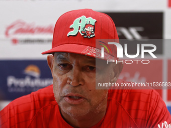 Lorenzo Bundy #30 of Diablos Rojos speaks during a press conference before match 6 of the Mexican Baseball League (LMB) South Zone 2024 cham...