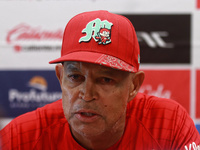 Lorenzo Bundy #30 of Diablos Rojos speaks during a press conference before match 6 of the Mexican Baseball League (LMB) South Zone 2024 cham...