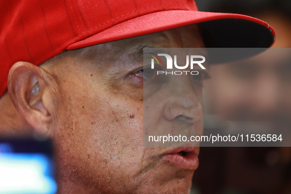 Lorenzo Bundy #30 of Diablos Rojos speaks during a press conference before match 6 of the Mexican Baseball League (LMB) South Zone 2024 cham...