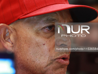 Lorenzo Bundy #30 of Diablos Rojos speaks during a press conference before match 6 of the Mexican Baseball League (LMB) South Zone 2024 cham...