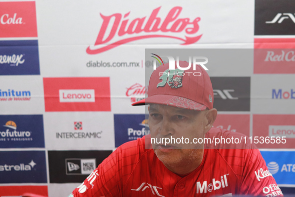 Lorenzo Bundy #30 of Diablos Rojos speaks during a press conference before match 6 of the Mexican Baseball League (LMB) South Zone 2024 cham...