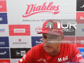 Lorenzo Bundy #30 of Diablos Rojos speaks during a press conference before match 6 of the Mexican Baseball League (LMB) South Zone 2024 cham...