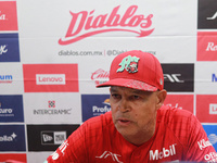 Lorenzo Bundy #30 of Diablos Rojos speaks during a press conference before match 6 of the Mexican Baseball League (LMB) South Zone 2024 cham...