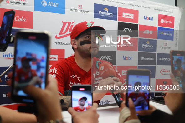 Juan Carlos Gamboa #47 of Diablos Rojos speaks during a press conference before match 6 of the Mexican Baseball League (LMB) South Zone 2024...