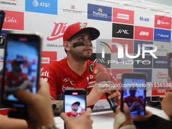 Juan Carlos Gamboa #47 of Diablos Rojos speaks during a press conference before match 6 of the Mexican Baseball League (LMB) South Zone 2024...