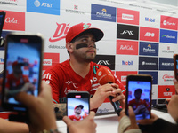 Juan Carlos Gamboa #47 of Diablos Rojos speaks during a press conference before match 6 of the Mexican Baseball League (LMB) South Zone 2024...