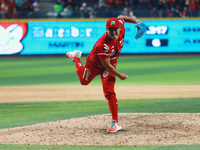 Tomohiro Anraku #20 of Diablos Rojos pitches the ball during match 6 of the Mexican Baseball League (LMB) South Zone 2024 championship serie...