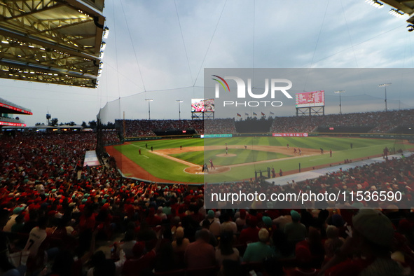 Diablos Rojos fans are seen during match 6 of the Mexican Baseball League (LMB) South Zone 2024 championship series at the Alfredo Harp Helu...