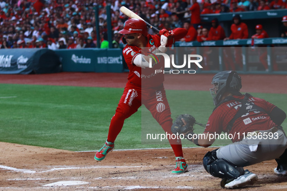 Juan Carlos Gamboa #47 of Diablos Rojos bats during match 6 of the Mexican Baseball League (LMB) South Zone 2024 championship series against...