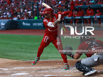 Juan Carlos Gamboa #47 of Diablos Rojos bats during match 6 of the Mexican Baseball League (LMB) South Zone 2024 championship series against...