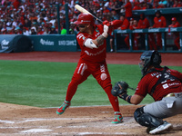 Juan Carlos Gamboa #47 of Diablos Rojos bats during match 6 of the Mexican Baseball League (LMB) South Zone 2024 championship series against...