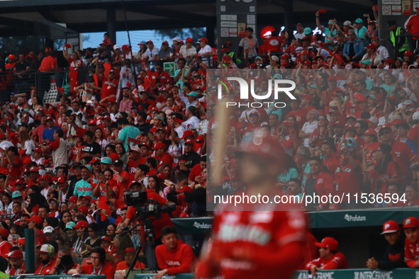 Diablos Rojos fans are seen during match 6 of the Mexican Baseball League (LMB) South Zone 2024 championship series at the Alfredo Harp Helu...