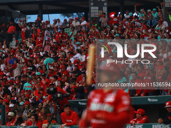 Diablos Rojos fans are seen during match 6 of the Mexican Baseball League (LMB) South Zone 2024 championship series at the Alfredo Harp Helu...