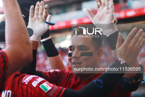 Ricardo Valenzuela #28 of Guerreros de Oaxaca celebrates with his teammates during match 6 of the Mexican Baseball League (LMB) South Zone 2...