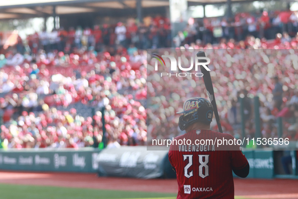 Ricardo Valenzuela #28 of Guerreros de Oaxaca bats during match 6 of the Mexican Baseball League (LMB) South Zone 2024 championship series a...