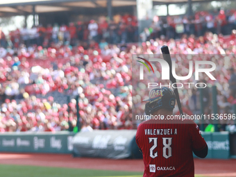 Ricardo Valenzuela #28 of Guerreros de Oaxaca bats during match 6 of the Mexican Baseball League (LMB) South Zone 2024 championship series a...