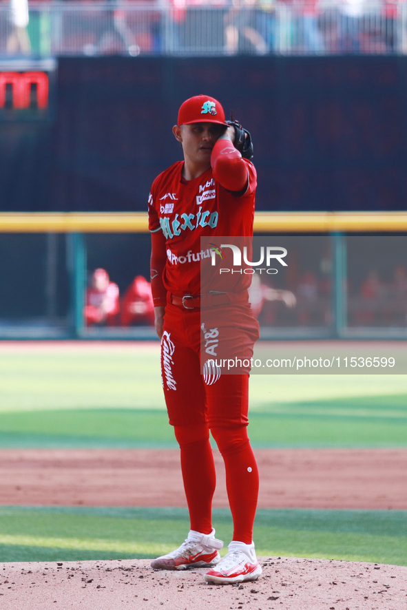 Erick Leal #49 of Diablos Rojos pitches the ball during match 6 of the Mexican Baseball League (LMB) South Zone 2024 championship series aga...