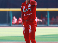 Erick Leal #49 of Diablos Rojos pitches the ball during match 6 of the Mexican Baseball League (LMB) South Zone 2024 championship series aga...