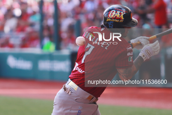 Yariel Gonzalez #7 of Guerreros de Oaxaca bats during match 6 of the Mexican Baseball League (LMB) South Zone 2024 championship series again...