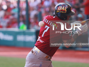 Yariel Gonzalez #7 of Guerreros de Oaxaca bats during match 6 of the Mexican Baseball League (LMB) South Zone 2024 championship series again...