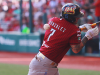 Yariel Gonzalez #7 of Guerreros de Oaxaca bats during match 6 of the Mexican Baseball League (LMB) South Zone 2024 championship series again...