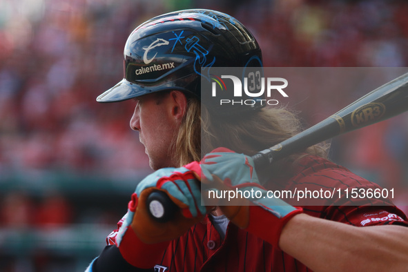 Kyle Martin #33 of Guerreros de Oaxaca bats during match 6 of the Mexican Baseball League (LMB) South Zone 2024 championship series against...