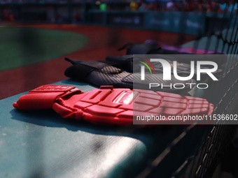 Sliding mitts of Guerreros de Oaxaca are seen during match 6 of the Mexican Baseball League (LMB) South Zone 2024 championship series at the...