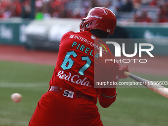 Jose Pirela #67 of Diablos Rojos bats during match 6 of the Mexican Baseball League (LMB) South Zone 2024 championship series against Guerre...