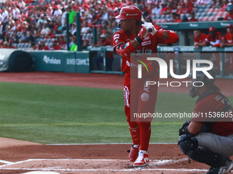 Robinson Cano #22 of Diablos Rojos bats during match 6 of the Mexican Baseball League (LMB) South Zone 2024 championship series against Guer...