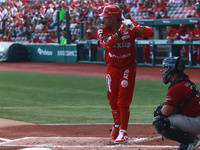 Robinson Cano #22 of Diablos Rojos bats during match 6 of the Mexican Baseball League (LMB) South Zone 2024 championship series against Guer...