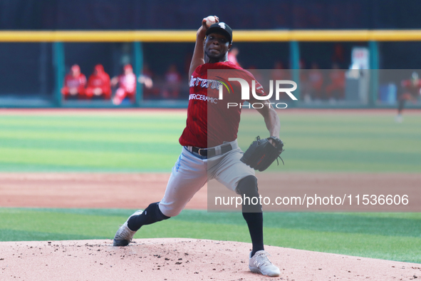 Radhames Liz #58 of Guerreros de Oaxaca pitches the ball during match 6 of the Mexican Baseball League (LMB) South Zone 2024 championship se...