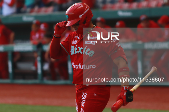 Franklin Barreto #43 of Diablos Rojos bats during match 6 of the Mexican Baseball League (LMB) South Zone 2024 championship series against G...