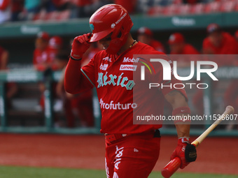 Franklin Barreto #43 of Diablos Rojos bats during match 6 of the Mexican Baseball League (LMB) South Zone 2024 championship series against G...