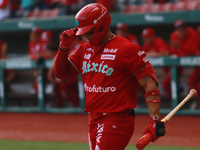 Franklin Barreto #43 of Diablos Rojos bats during match 6 of the Mexican Baseball League (LMB) South Zone 2024 championship series against G...