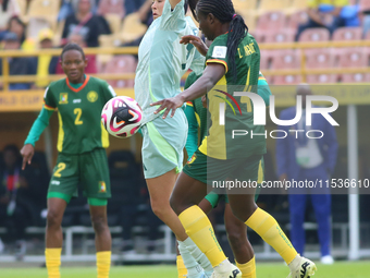 Mariane Ines Maague of Cameroon fights for the ball against Monica Flores of Mexico during the FIFA U-20 Women's World Cup 2024 match betwee...