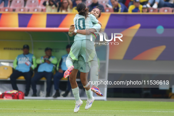 Alice Soto and Montserrat Saldivar of Mexico celebrate a goal during the 2024 FIFA U-20 Women's World Cup match between Cameroon and Mexico...