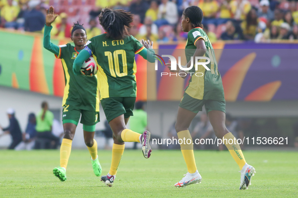 Naomi Eto of Cameroon celebrates scoring during the 2024 FIFA U-20 Women's World Cup match between Cameroon and Mexico at El Campin stadium...