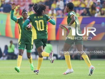 Naomi Eto of Cameroon celebrates scoring during the 2024 FIFA U-20 Women's World Cup match between Cameroon and Mexico at El Campin stadium...