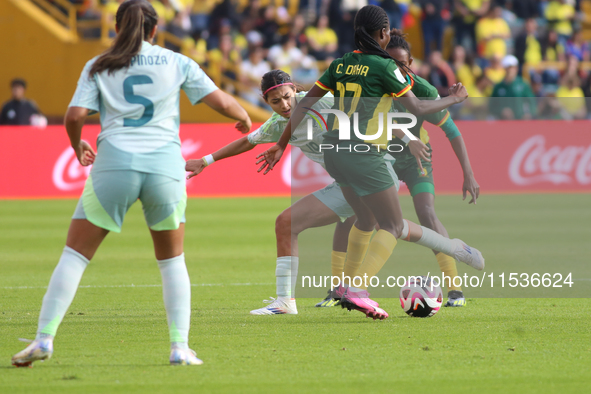 Camilla Daha fights for the ball against Montserrat Saldivar of Mexico during the FIFA U-20 Women's World Cup 2024 match between Cameroon an...