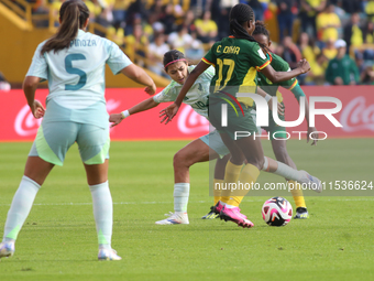 Camilla Daha fights for the ball against Montserrat Saldivar of Mexico during the FIFA U-20 Women's World Cup 2024 match between Cameroon an...