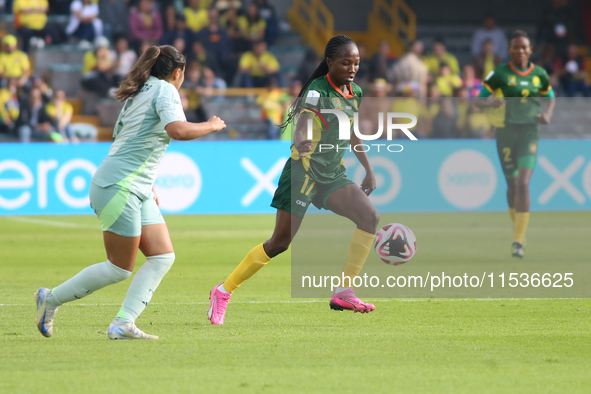 Camilla Daha fights for the ball against Giselle Espinoza of Mexico during the FIFA U-20 Women's World Cup 2024 match between Cameroon and M...