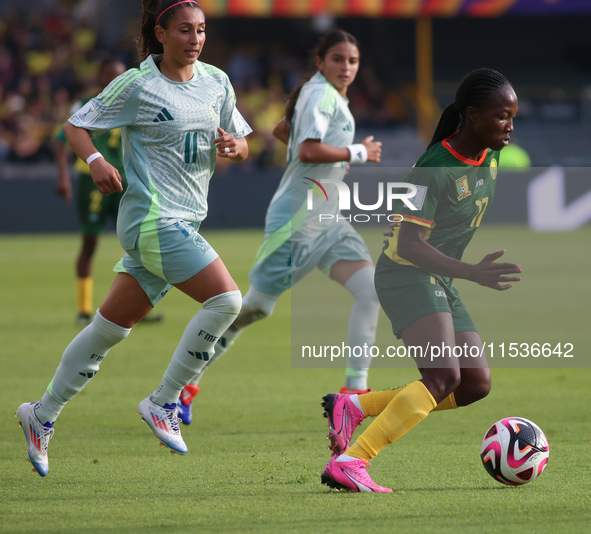 Lamine Mana of Cameroon controls the ball during the FIFA U-20 Women's World Cup 2024 match between Cameroon and Mexico at the El Campin sta...